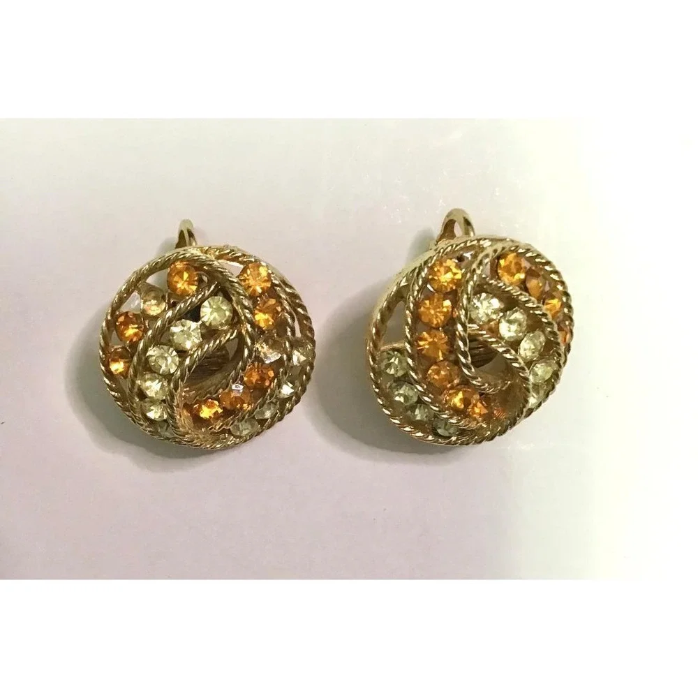 Vintage Weiss Amber Champagne Rhinestone Gold Tone Clip-On Earrings 1950's Retro